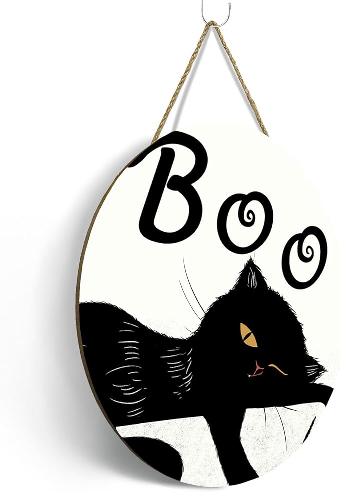 Halloween Black Cat Signs for Front Door Boo Wooden Door Hanger Scary Holiday Hanging Decorations for Wall Porch Outdoor