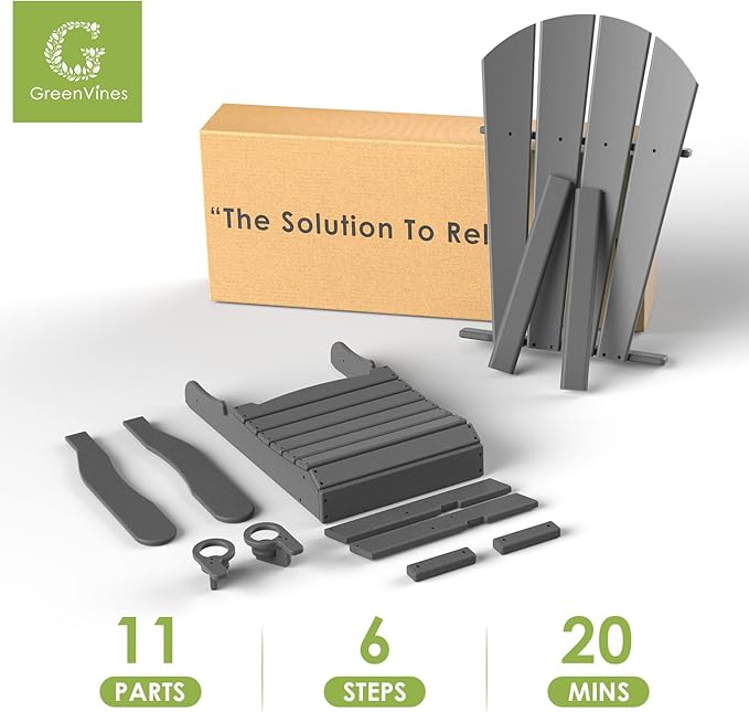 GREENVINES Adirondack-Chairs-with-Ottoman | Set of 6 | Folding | Retractable-Footrest | HDPE Plastic | All Weather Fire Pit Chair | Cup Holders | Grey | for Outdoor Poolside