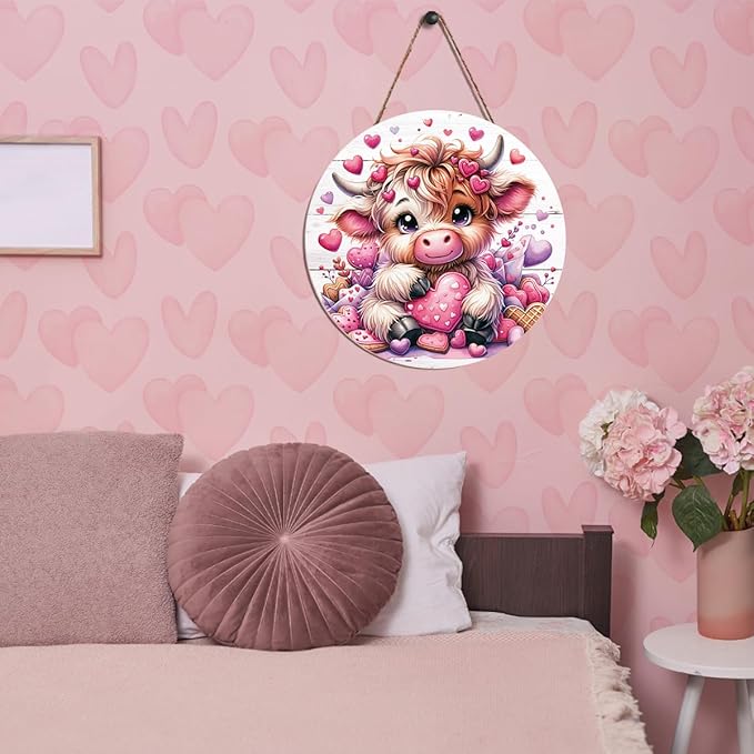 Valentines Day Wall Decor, Valentines Day Door Decorations, Gift for Boyfriend Girlfriend Husband Wife, Pink Heart Highland Cow Wood Hanging Sign Anniversary Porch Home Office Door Decor
