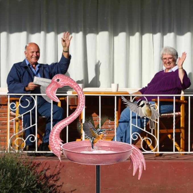 Pink Flamingo Bird Bath - 12-inch Metal Outdoor Bird Bath with 5-Prong Ground Stake, Rust-Resistant Garden Feeder for Patio Decor, Bird Lover Gift