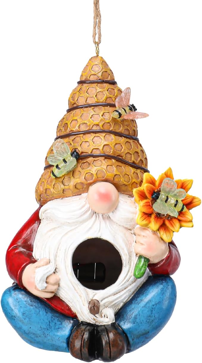 Bird House for Outside, Birdhouses for Outdoors, Decorative Bird Houses, Hanging Funny Bee Solar Gnome Birdhouse for Outside Cardinal Bluebird Wild Birds
