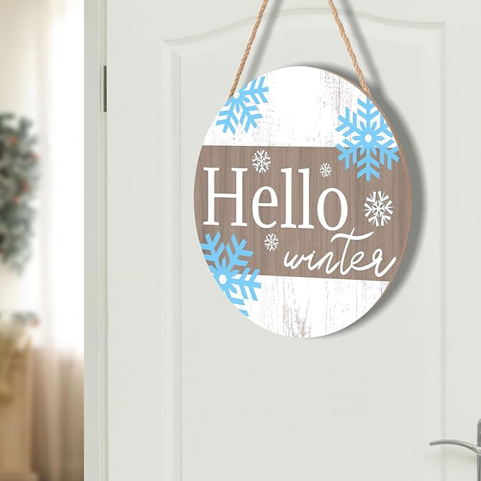Blue Snowflakes Door Sign For Front Door Decor,Hello Winter Wooden Sign 12"x 12" Round Wood Hanging Door Sign Winter Decoration for Wall Rustic Decor