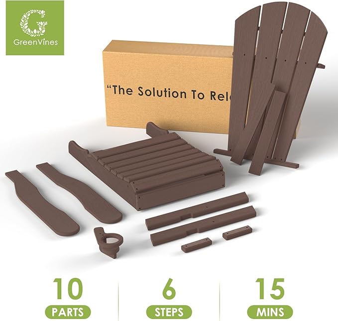 GREENVINES Folding-Adirondack-Chair | Wood Grain | HDPE Plastic | Fire Pit Chairs | All Weather | Cup Holder | Dark Brown | for Deck Backyard Patio Outdoor