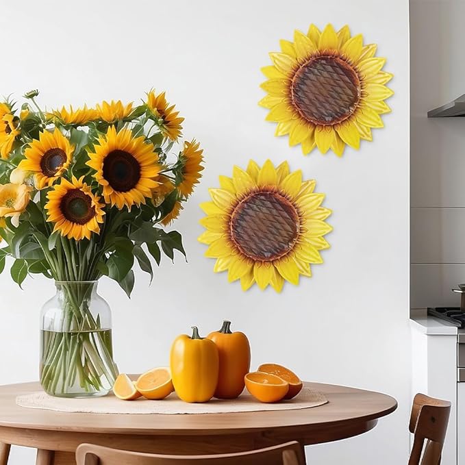 hogardeck Metal Sunflower Wall Decor - 2 Pcs 11'' Metal Flower Wall Art Outdoor Backyard Decorations Sunflower Kitchen Bathroom Decor Hanging for Indoor, Outdoor, Living Room, Bedroom