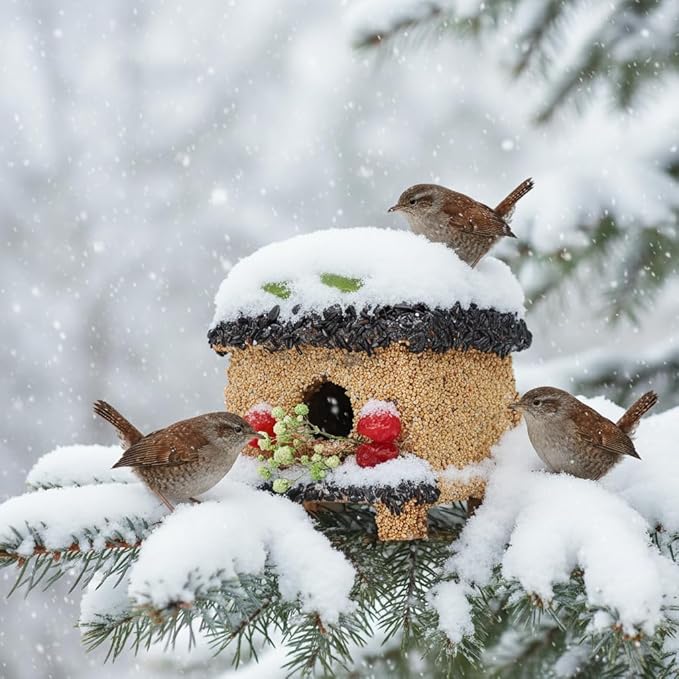 Seeded Birdhouse for Outside with Fruit, Wooden Bird House for Wren, Finch, Bluebird,Cardinal, Hanging Seeded Birdfeeder, Bird Seeds Decorated Weather Proof, More Fun Birding (Villa)