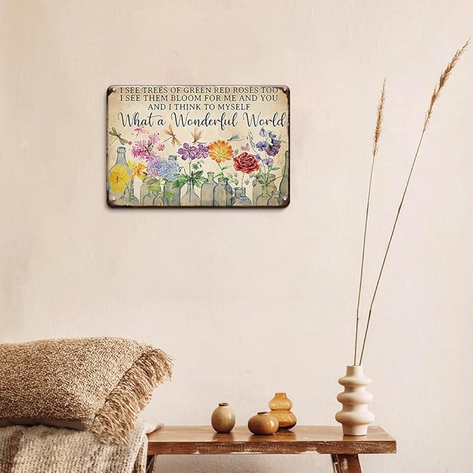 YOYI ART Dragonfly and Flowers Metal Tin Sign, What a Wonderful World I See Trees of Green Red Roses Too, Funny Garden Signs Wall Decor, Retro Tin Sign Flowers Poster Metal Garden Signs, 12 x 8 inch