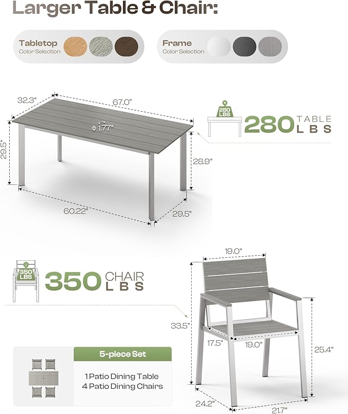 67" Rectangle HDPS Patio Dining Table, Aluminum Outdoor Patio Dining Table with Umbrella Hole, Weather-Resistant for Lawn, Garden, Yard, Poolside and Indoor Use (Sliver)