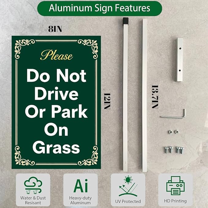 Do Not Drive Or Park On Grass Yard Signs With Stake Rustproof Reflective Aluminum No Parking Decoractive Garden Stakes for Lawn Outdoor Decorations 8x12 In