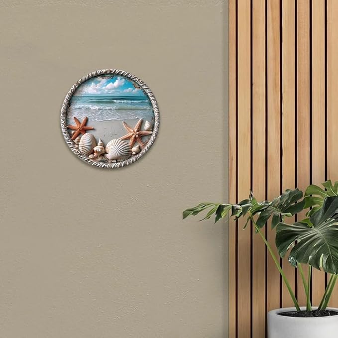 Metal Retro Shell Gasoline Wall Art, Creativity Art Decorations, Garden Sign Outside Decor๏ผWall Sculpture๏ผ Hanging Sculpture for Living Room Dining Room Bedroom Yard Outdoor Decor (Starfish and Shells)