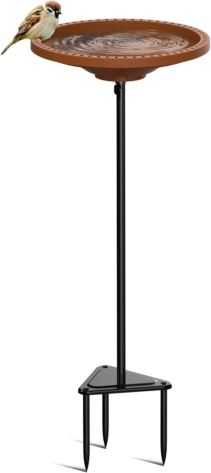 Bird Baths for Outdoors, Detachable Birdbaths for The Garden Clearance, Freestanding Bird Baths for Outdoors Heavy Duty, Bird Bath Bowl Spa & Birdfeeder with Metal Stake Stand, Circle Shape (Brown)