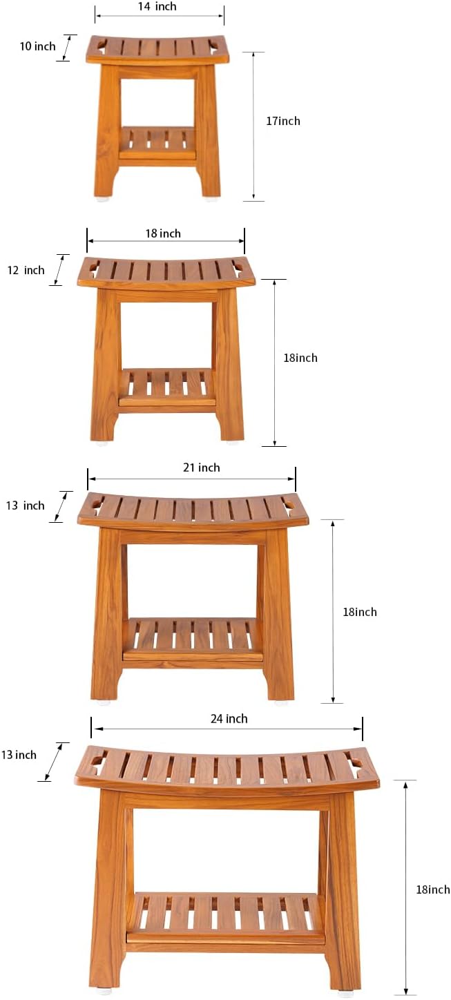 14" Compact Teak Shower Stool with Shelf & Handle - Waterproof, Non-Slip Bath Bench for Small Bathrooms/Tub/Outdoor Use, 300 lbs Capacity (Patented)