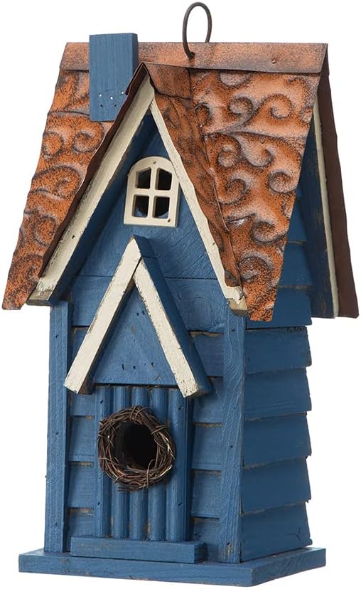 Glitzhome Bird Houses for Outside, 12" H Retro Blue Distressed Solid Wood Cottage Birdhouse Hanging Bird House for Outdoors, Bluebird House for Garden Patio Backyard