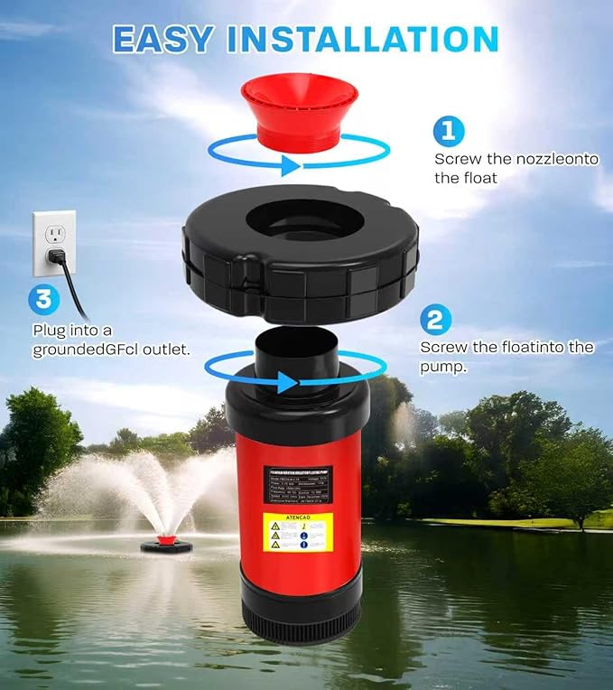 15000 GPH Pond Fountain Aerator, 110V,Floating Pond Fountain Pump with Stainless Steel Body, Pond Aerator Pump for Small & Large Ponds and Lakes (Black)