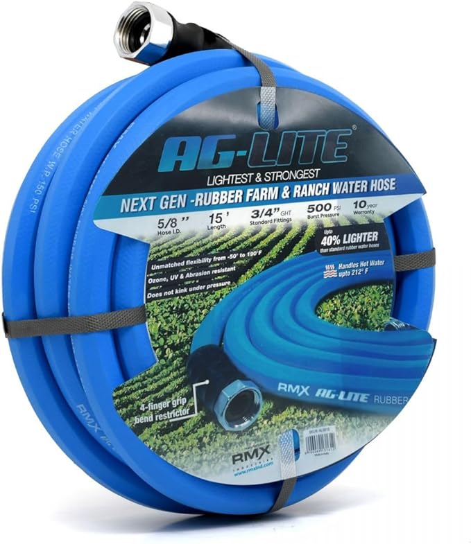 AG-LITE BSAL5815 5/8" x 15' Hot/Cold Water Rubber Garden Hose, 100% Rubber, Ultra-Light, Super Strong, 500 PSI, 50F to 190F Degrees, High Strength Polyester Braided