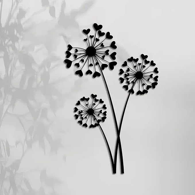 DUOOLN Metal Flowers Wall Art Decor, Minimalism Dandelion Flower Hanging Iron Decoration,Modern Plant Potted Art Sculpture Sign, Home Bedroom Bathroom Outdoor Indoor Kitchen Feature Wall-15.7x9.8in