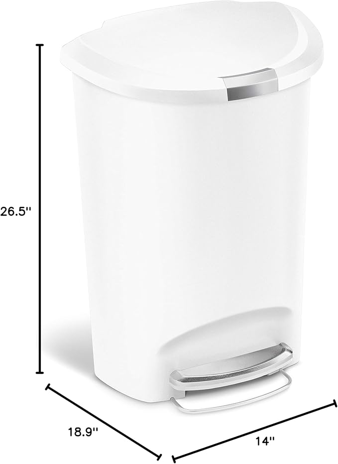 simplehuman 50 Liter Semi-Round Hands-Free Kitchen Step Soft-Close Lid Trash Can, White