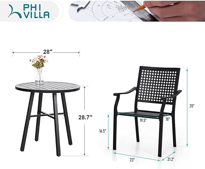 PHI VILLA 3 Pieces Outdoor Bistro Set for 2, Round Slatted Metal Steel Side Table & Stacking Wrought Iron Chairs with Cushions, Small Conversation Furniture Set for Patio Porch, Deck, Balcony