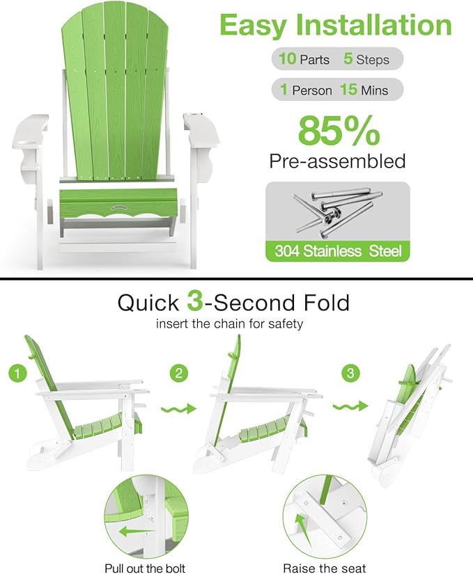Folding Adirondack Chair –Recyclable HDPE Outdoor Adirondack Patio Chair with Cup Holder, Wood Texture & Umbrella Hole, 25-Year Fade-Free All Weather for Fire Pit, Porch, Poolside, Deck, Lime & White