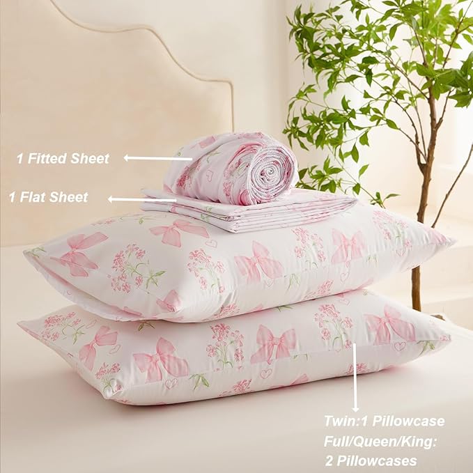Pink Bow Sheet Set Twin Garden Floral Fitted Sheet Set for Girls Kids Soft Microfiber Fitted Flat Sheets & Pillowcases Cute Princess Style Bowknot Bedding Sets Toddlers 3 Pieces