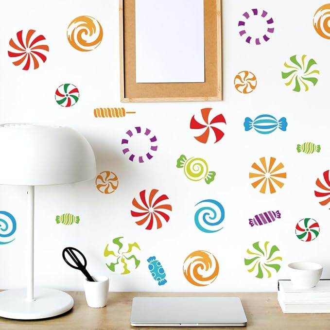 MAYJOYDIY 16 Styles Candy Mint Candy Lollipop Stencils 11.8×11.8inch Candy Theme Stencil with Paint Brush Sweet Candy Stencil DIY Candy Crafts for Birthday Xmas Holiday Decor Gift Making