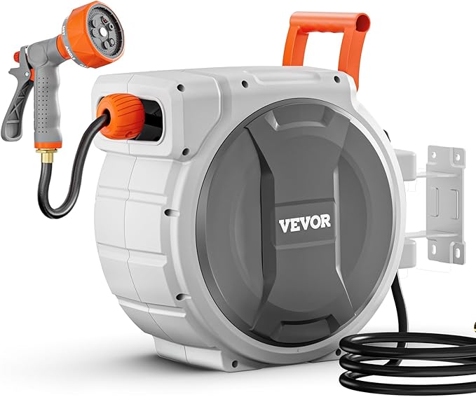 VEVOR Retractable Garden Hose Reel, 1/2 Inch x 145 ft Wall Mounted Hose Reel, Heavy Duty Garden Hose Reel with 9 Patterns Nozzle, Any Length Lock, Upgraded Slow Return System and 180°Swivel Bracket