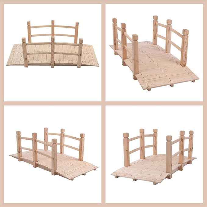LEEXCCOS Higher Quality & Stronger Wooden Garden Bridge for Outdoors 5ft, More Durable Landscape Arch with Safety Railsm, 500lbs Capacity Decorative Pond Bridge (Natural Wood)