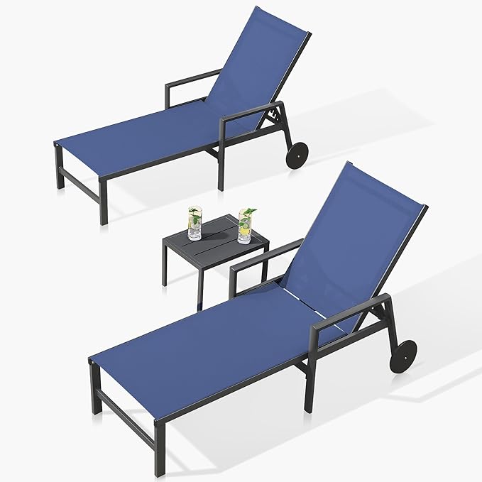 PURPLE LEAF Patio Chaise Lounge 4 Pieces Aluminum Recliner Chair with Wheels and Armrests Lounger for Pool Lawn Navy Blue Outdoor Lounge Chair