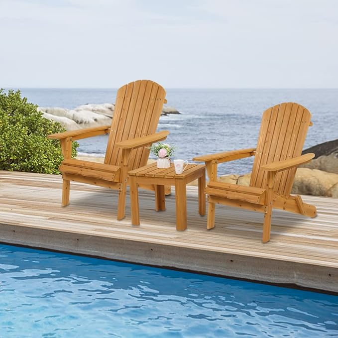 Outvita Wood Adirondack Chair Set of 2, Folding Wooden Lounge Seating, All Weather Outdoor Furniture Chair with Clearance Weather Resistant for Garden Fire Pit Yard Beach Campfire - Teak