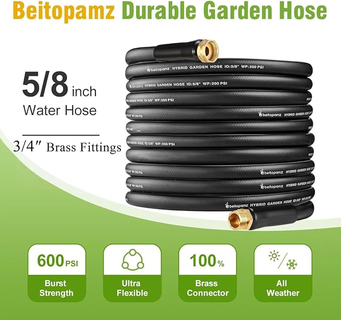Short Garden Hose 5 ft x 5/8" Female to Female, Heavy Duty Small Water Hose Extender Connector, Leak-Free Connections Hybrid Rubber Leader Hose with 3/4" Double GHT Fittings, Black