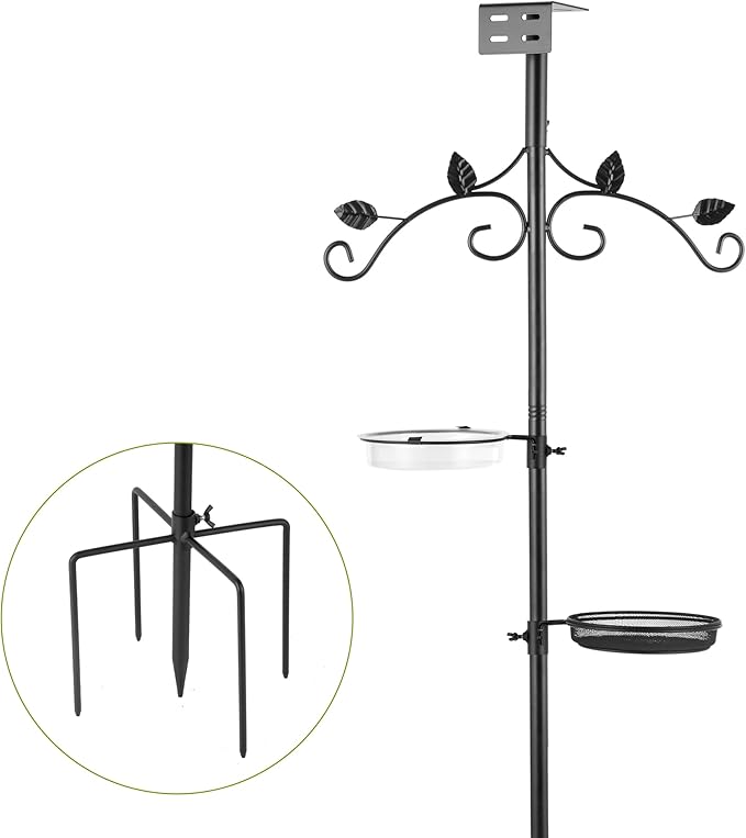 ERYTLLY Bird Feeder Pole Stand, 91 Inch Bird House Pole with 5-Prong Base Shepherds Hook for Hummingbird Feeders, Adjustable Bird Feeder Stand with Water Bowl Metal Mesh Tray for Outdoor Garden Decor