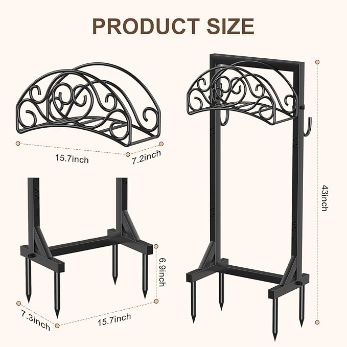 Freestanding Garden Hose Stand, Heavy Duty Water Hose Holder with Tool Hooks, 4 Anchoring Spikes, 150 ft Storage for Yard & Lawn