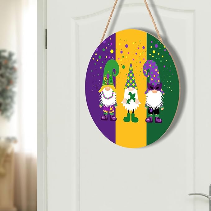 Mardi Gras Gnomes Door Sign For Front Door Decor,Purple Yellow Green Dot Wooden Sign 12"x 12" Round Wood Hanging Door Sign Decoration for Wall Rustic Farmhouse Decor