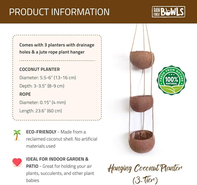 Rainforest Bowls Set of 2 3-Tier Hanging Coconut Planters w/Drainage - Perfect for Succulents, Flowers, Small Plants, Indoor & Outdoor Gardens- Handcarved by Artisans, Eco-Friendly & Sustainable
