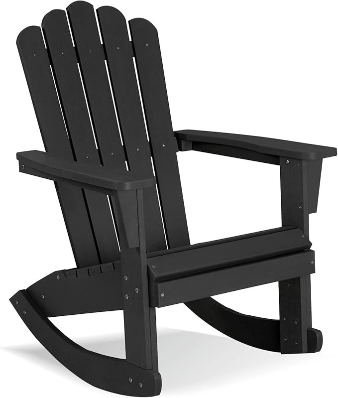 Psilvam Outdoor Adirondack Rocking Chair, Poly Lumber Porch Rocker with High Back, Patio Rocking Chair for Both Outdoor and Indoor (Black)