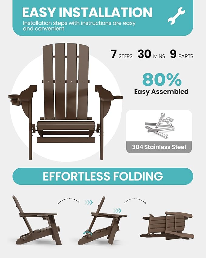 Folding Adirondack Chair 4 Pack, HDPE All-Weather Fire Pit Chairs, Plastic Adirondack Chairs with 2 Cup Holder, Outdoor Lawn Chair for Patio Garden (Brown)
