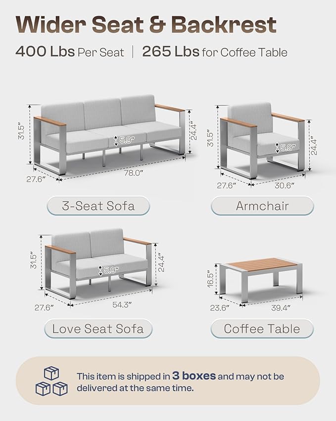 Aluminum Outdoor Furniture Set, 4 Seats Outdoor Patio Conversation Sets with Ergonomic Seat and Wide Washable Thick Cushions, Modern Patio Sectional Furniture for Balcony, Porch (Teak-Gray)