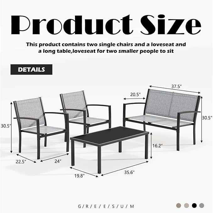 Greesum 4 Pieces Patio Furniture Set, Outdoor Conversation Sets for Patio, Lawn, Garden, Poolside with A Glass Coffee Table, Gray