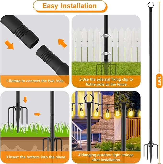 LETIANPAI 10Ft String Light Poles 4 Pack,Light Poles for Outside Lights,Outdoor with Fence Brackets Hanging Lights,Metal Stand Deck Patio Backyard (2 Pack 10FT)