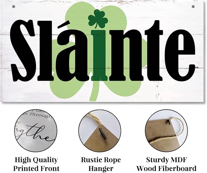 Hanging St Patricks Day Wood Decor Sign, Slainte Printed Wood Wall Art Sign, Irish Home Signs Decor, Hanging Door Wood Sign, Shamrock Sign, St Patricks Day Decor, Rustic Farmhouse Décor