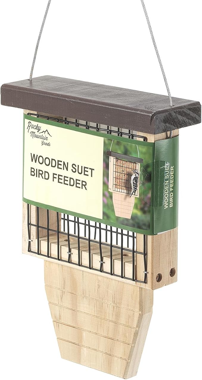 Rocky Mountain Goods Wood Bird Feeder with Suet Holder for Outside Hanging - Woodpecker Suet Feeder with Tail Prop - Durable Wooden Design with Wire Mesh for Wild Birds - Easy to Fill & Clean