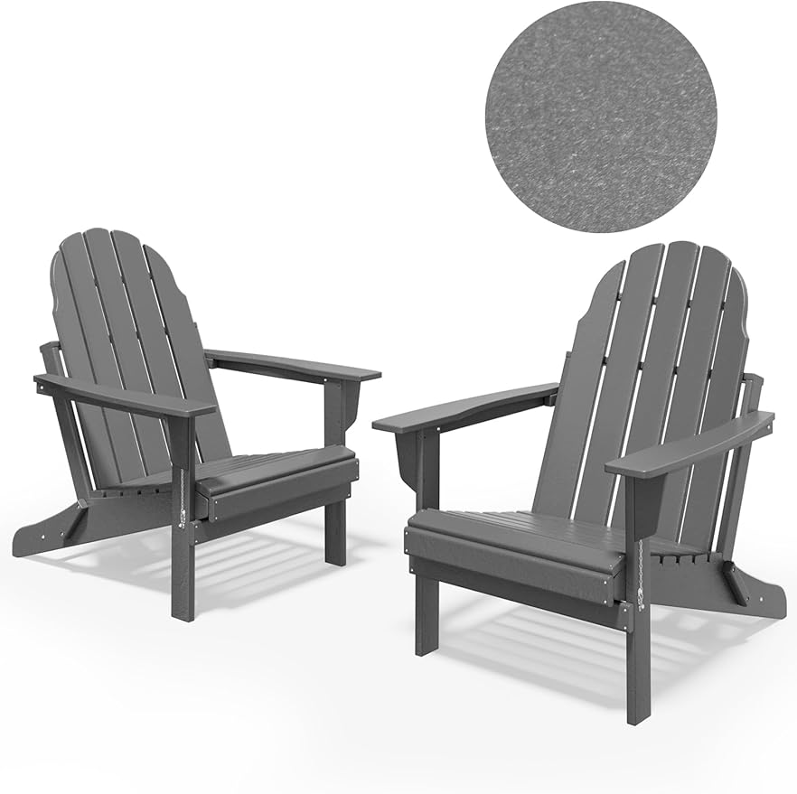 Folding Adirondack Chair - Durable HDPE Poly Lumber All-Weather Resistant, Foldable Oversized Balcony Porch Patio Outdoor Chair for Lawn, Backyard, Deck, Garden, Camping - Easy Installation, Gray