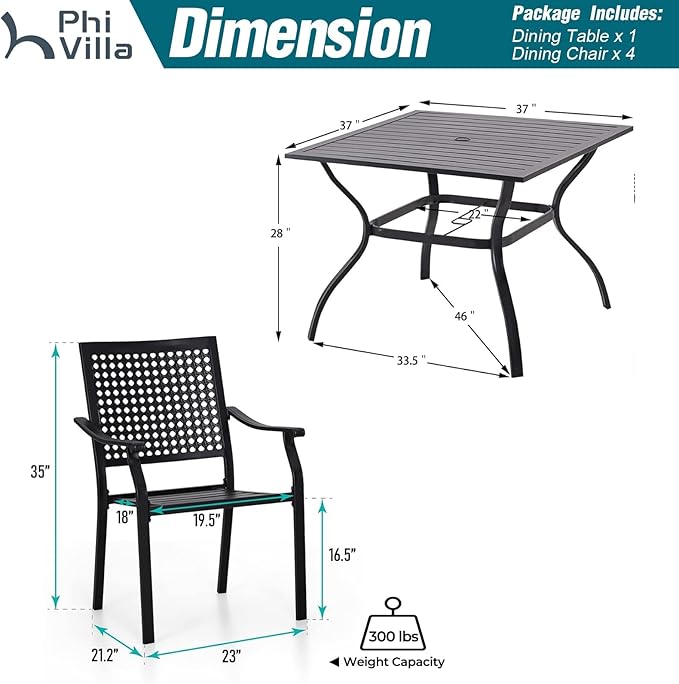 PHI VILLA 5 Pieces Outdoor Dining Set for 4, Square Metal Steel Table & Stackable Chairs with Cushions, Heavy-Duty Iron Furniture Set for Patio, Deck, Backyard, Porch