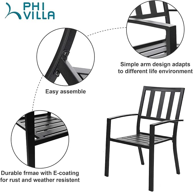 PHI VILLA Metal Outdoor Dining Chairs Set of 2 - Stackable Black Patio Chairs, 300lb Capacity (Stripe)