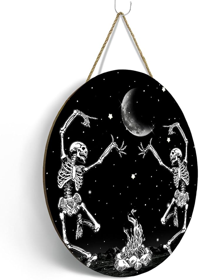 Skull Halloween Front Door Sign Dancing Skeleton Door Hanger Sacry Moon Night Holiday Decor for Porch Halloween Home Party Accessories