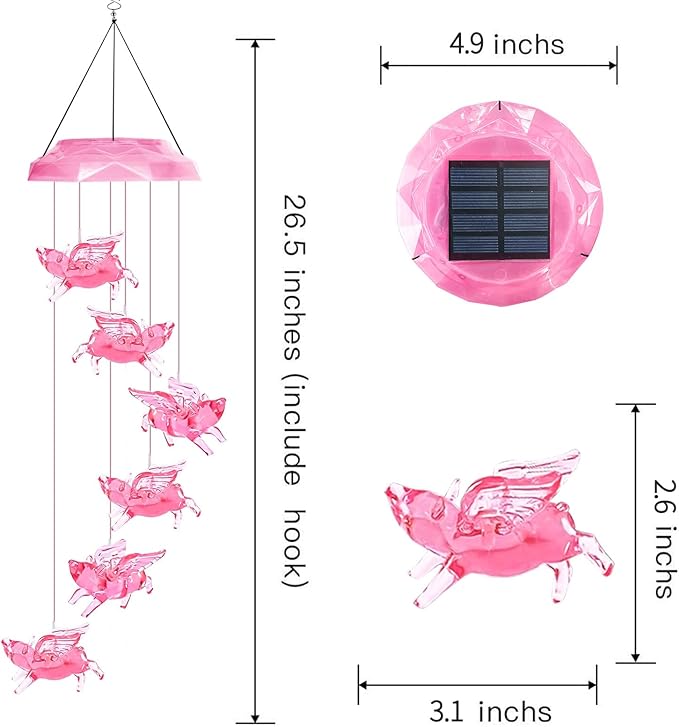 Solar Wind Chimes for Outside- Pig Wind Chimes Pink,7 Colors Changing Outdoor Waterproof Flying Pig LED Wind Bell, Patio Garden Yard Decor(Gifts for Dad,Mom, Women, Gardening Gifts)