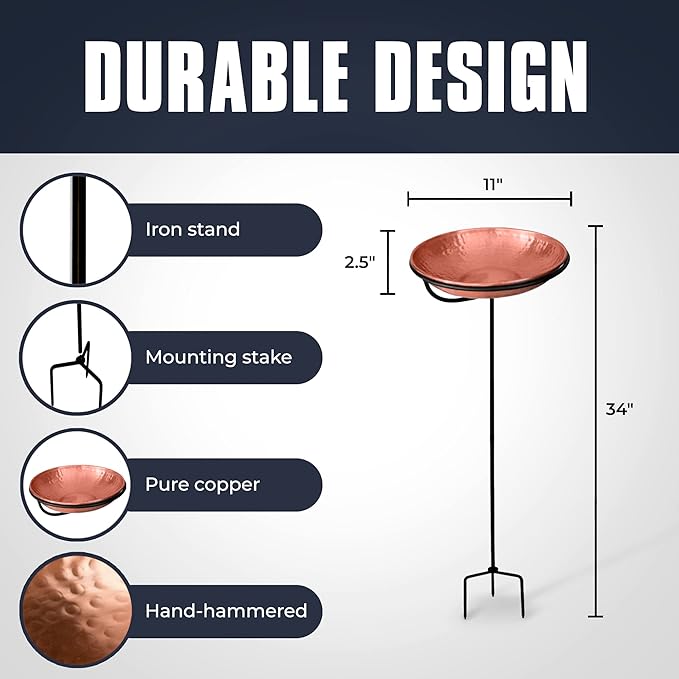 Monarch Abode Standing Bird Bath & Bird Feeder for Outdoors – Pure Copper Hand Hammered Birds Bath Bowl w/ 34-inch Detachable Iron Stand, Wild Birdfeeder and Birdbath for Outside Garden Backyard