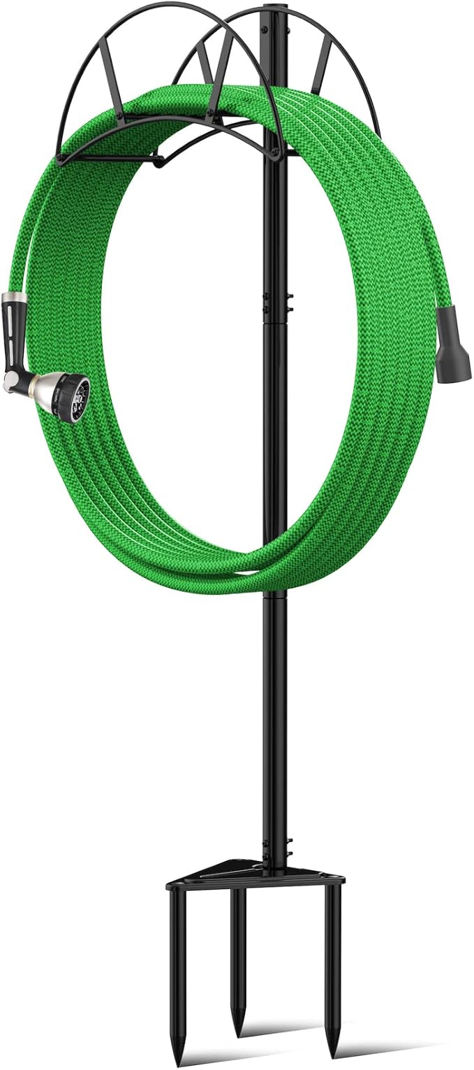 Meykwod Garden Hose Stand/Hanger Freestanding, Heavy Duty In-Ground Hose Rack Organizer for Outside Yard, Sturdy to Hold 150ft (Metal, Black)
