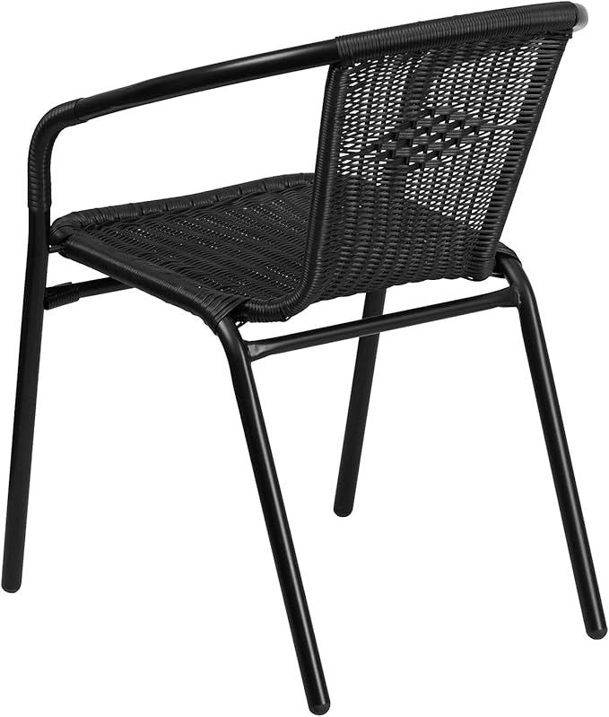 Flash Furniture Lila 28'' Square Glass Metal Table with Black Rattan Edging and 2 Black Rattan Stack Chairs