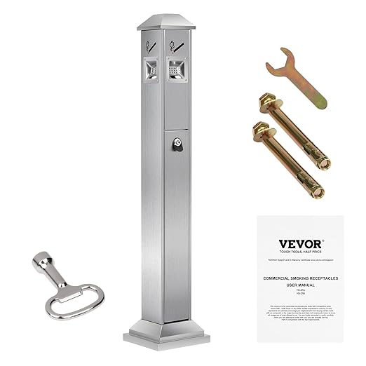VEVOR Outdoor Trash Can, Weatherproof Lockable Trash Bin with Removable Inner Bucket, Freestanding Commercial Garbage Can, Butt Receptable for Garden, Office, Restaurant, Hotel, Silver