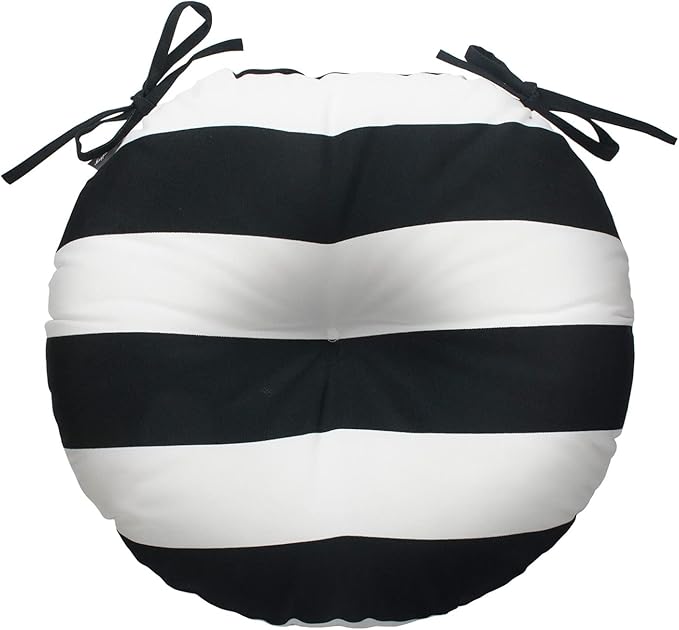 Magpie Fabrics Outdoor Round Bistro Seat Cushions with Ties, 15"x15"x4" Set of 2, Tufted Waterproof Barstool Chair Pads for Patio Home Garden Office, Black White